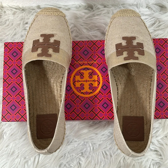 TORY BURCH WESTON FLAT ESPADRILLE METALLIC LINEN FABRIC CALF LEATHER SIZE 8 NEW - Picture 4 of 11